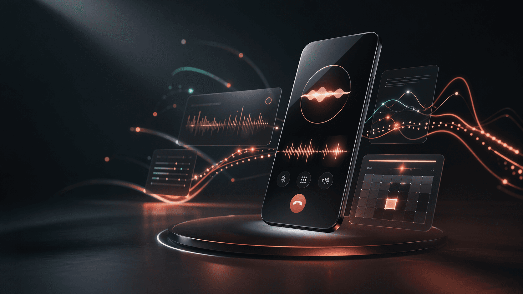 Premium AI voice console with call waveforms, dashboard panels, and booking signals